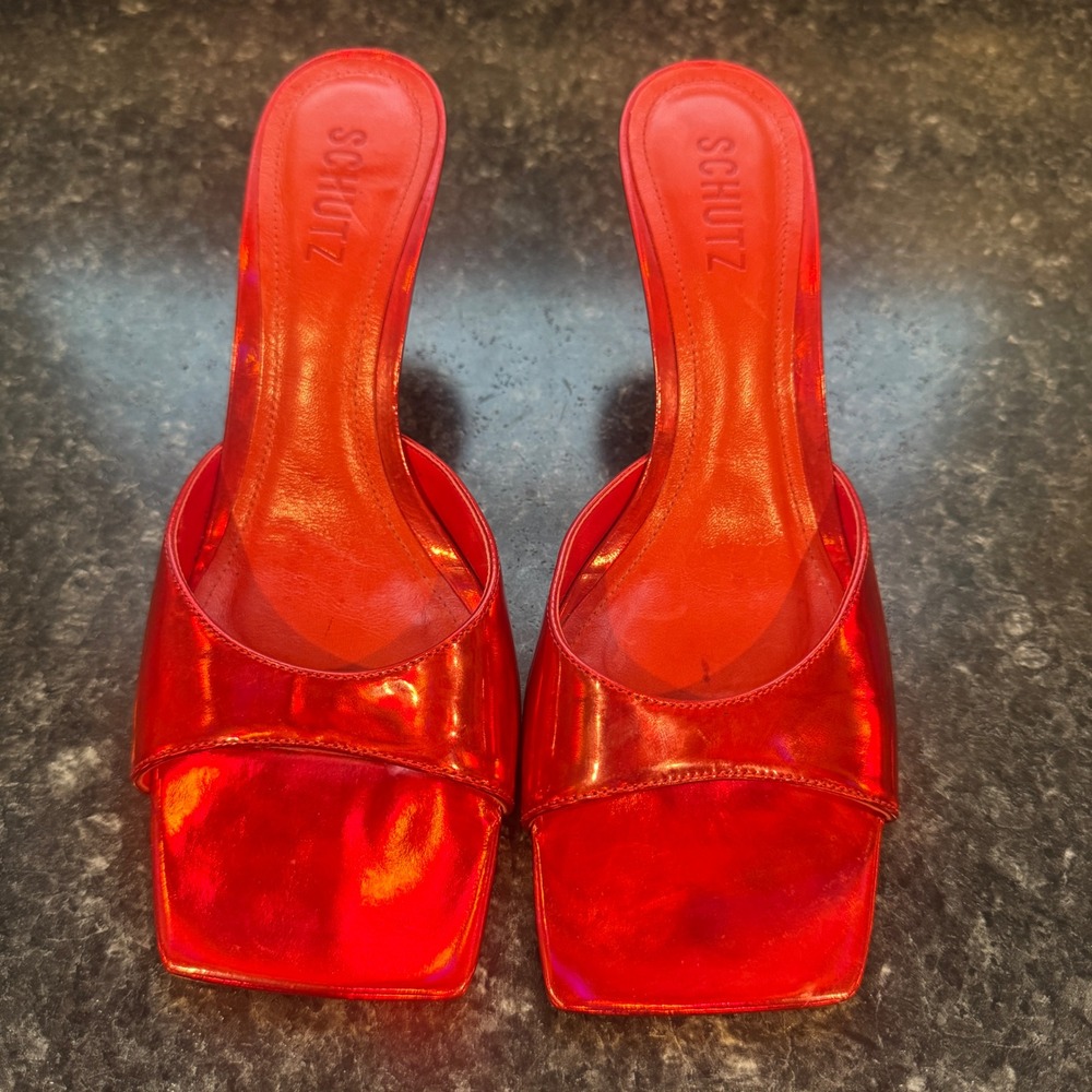 Schutz Red Metallic Leather Square Toe Mule Gold Stiletto‎ Heel Sandals 7.5B - Picture 4 of 9